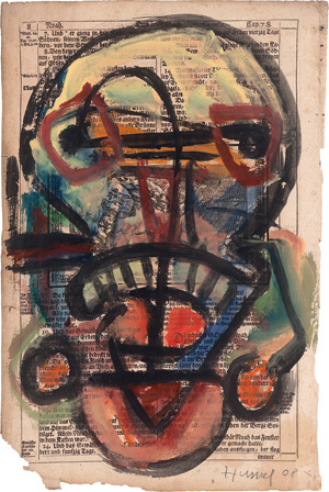 Lot 3166, Auction  125, Hussel, Horst, Schädelgesicht en face. Porträt in Gouache auf einer Genesis-Einzelseite eines alten Bilbeldrucks. 2008. - Signiert