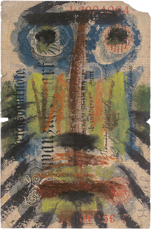 Los 3167 - Hussel, Horst - Zwei Köpfe en face. Gouache auf Inflationsgeldscheinen von 1923. Um 2008. - Signiert. - 1 - thumb