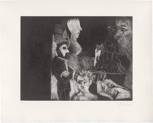 Los 7199 - Picasso, Pablo - Jeune couple, vieux couple, spectateur, avec un carrosse au fond - 0 - thumb