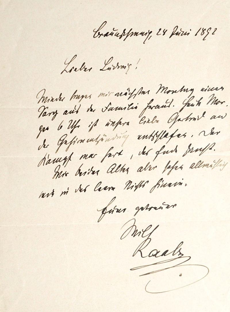 Lot 2043, Auction  125, Raabe, Wilhelm, Brief  über den Tod seiner Tochter. 1892