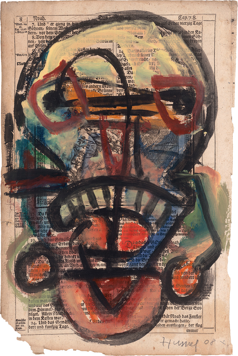 Lot 3166, Auction  125, Hussel, Horst, Schädelgesicht en face. Porträt in Gouache auf einer Genesis-Einzelseite eines alten Bilbeldrucks. 2008. - Signiert
