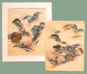 Lot 645, Auction  126, Japanische Landschaftsmalerei, 2 Ansichten von Berglandschaften in Aquarell über Tuschezeichnung. Japan Ende 19. Jahrhundert 