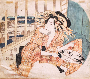 Lot 679, Auction  126, Torii, Kiyonaga, Geisha sitzend mit Fächer in der Hand.