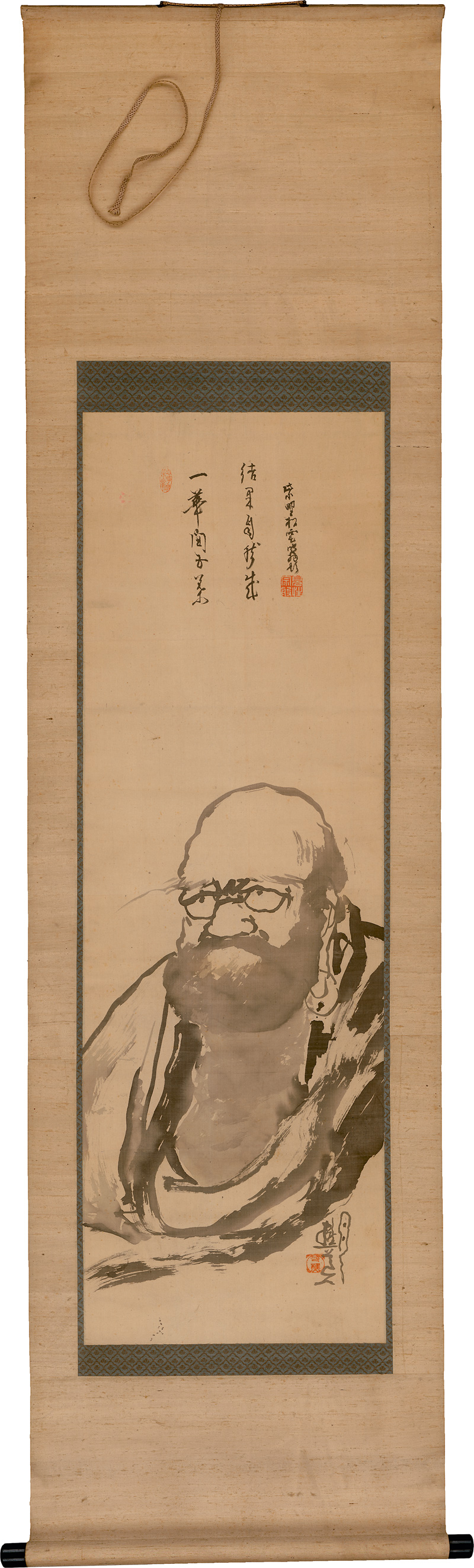 Lot 606, Auction  126, Bodhidharma, Japanisches Kakemono-Rollbild mit der Darstellung eines Mönchs. Schwarze Tusche auf Leinen