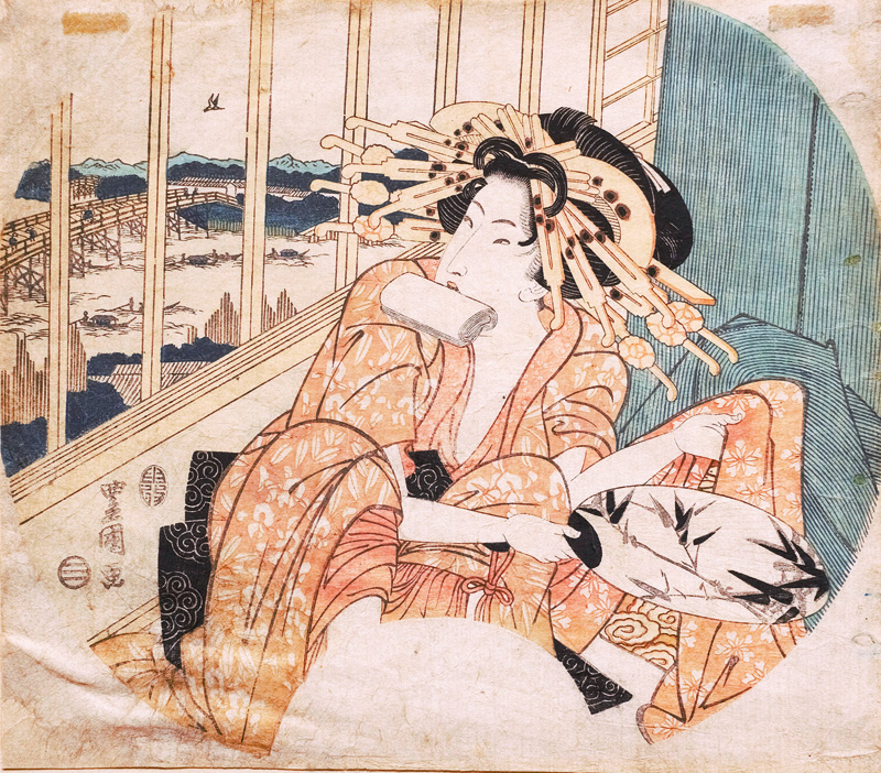 Lot 679, Auction  126, Torii, Kiyonaga, Geisha sitzend mit Fächer in der Hand.