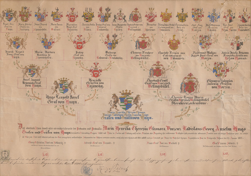 Lot 1050, Auction  126, Huyn, Grafen und Gräfin von, Wappenstammbaum der Gräfin Aloisia, Josepha Johanna Hrzan von Harras. Deutsche Handschrift auf Pergament