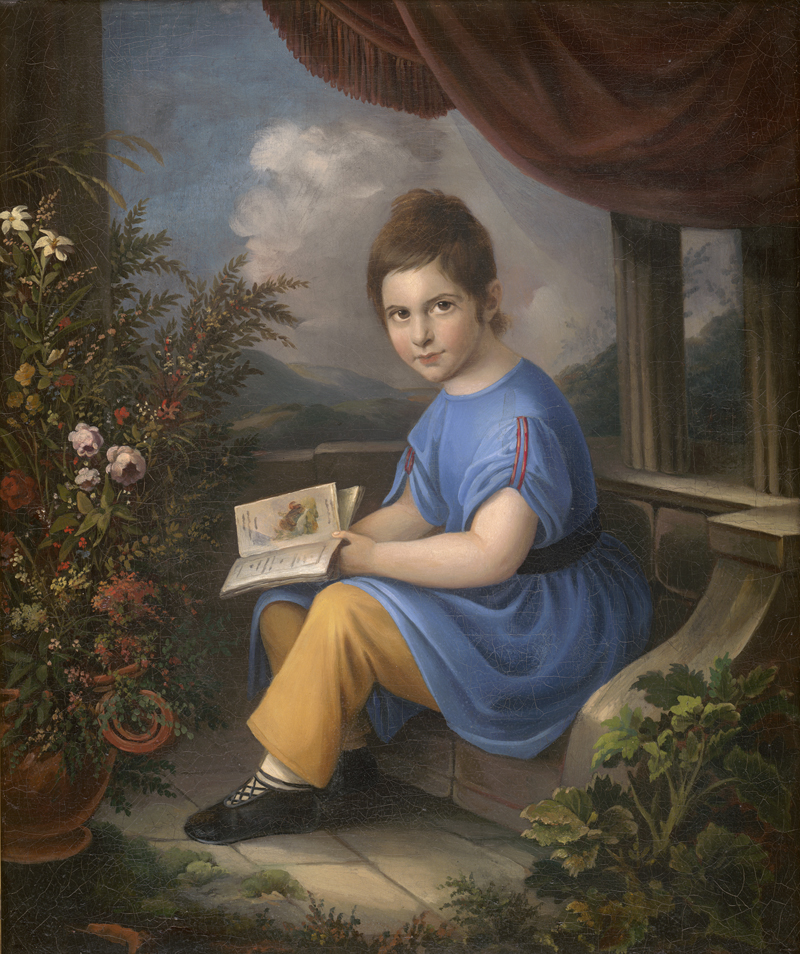 Lot 6058, Auction  126, Deutsch, um 1830. Knabe in blauem Kittel mit Bilderbuch auf einer Terrasse 