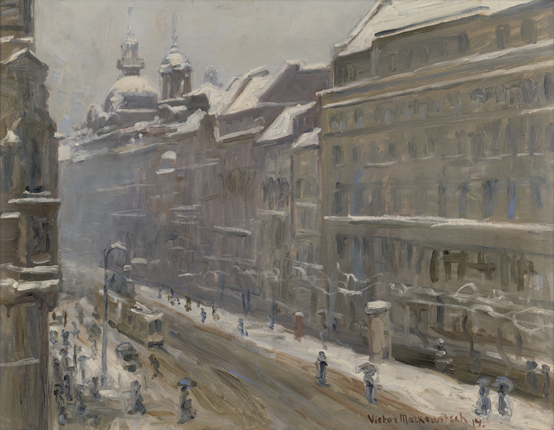 Lot 6202, Auction 126, Markewitsch, Viktor, Winterliche Straße in Prag (wohl auf der Kleinseite mit St. Nikolaus in Hintergrund)