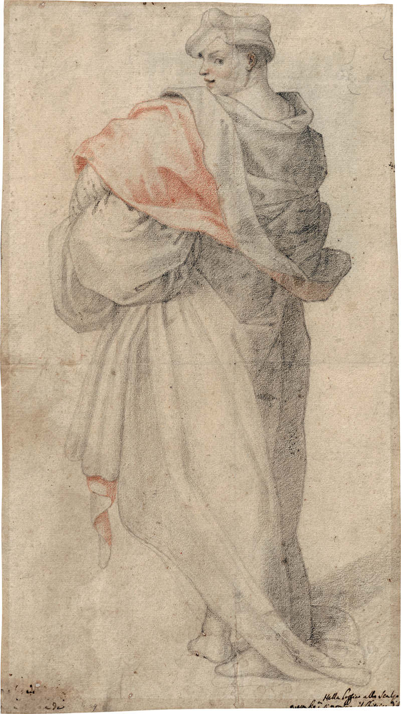 Lot 6513, Auction 126, Florentiner Schule, 16. Jh. . Rückenfigur eines Nobile im weiten Mantel mit Barett