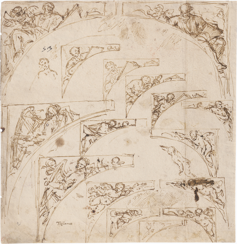 Lot 6520, Auction 126, Italienisch, 16. Jh. Studienblatt mit Entwürfen zu Zwickeln mit den Evangelisten