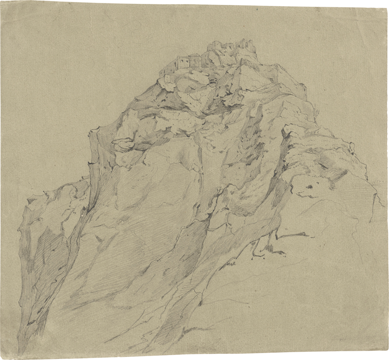 Lot 6665, Auction  126, Rohden, Johann Martin von, Blick auf ein steiles Felsmassiv mit den Ruinen eines Castello, wohl Subiaco