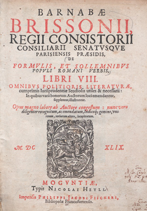 Lot 508, Auction  127, Brisson, Barnabé, De formulis et sollemnibus populi Romani 
