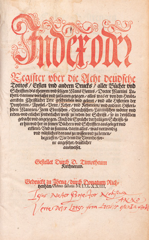 Lot 1158, Auction  127, Kirchner, Timotheus und Luther, Martin, Jndex oder Register uber die acht deudsche Tomos
