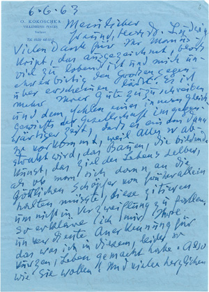 Lot 2610, Auction  127, Kokoschka, Oskar, Brief an Ludwig Goldscheider über sich und Egon Schiele. 1963