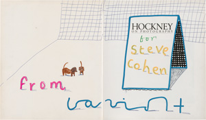 Hockney, David, Hockney on Photography. Widmungsexemplar mit doppelseitiger farbiger Zeichnung
