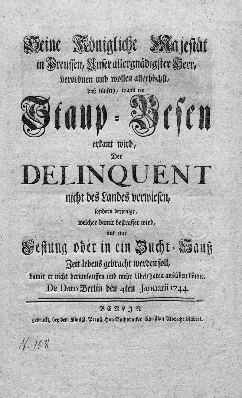 Lot 238, Auction 127, Berliner Edikte, 3 gedruckte Erlasse aus der preußischen Residenzstadt über Zigeuner, Heirat und Staup-Besen