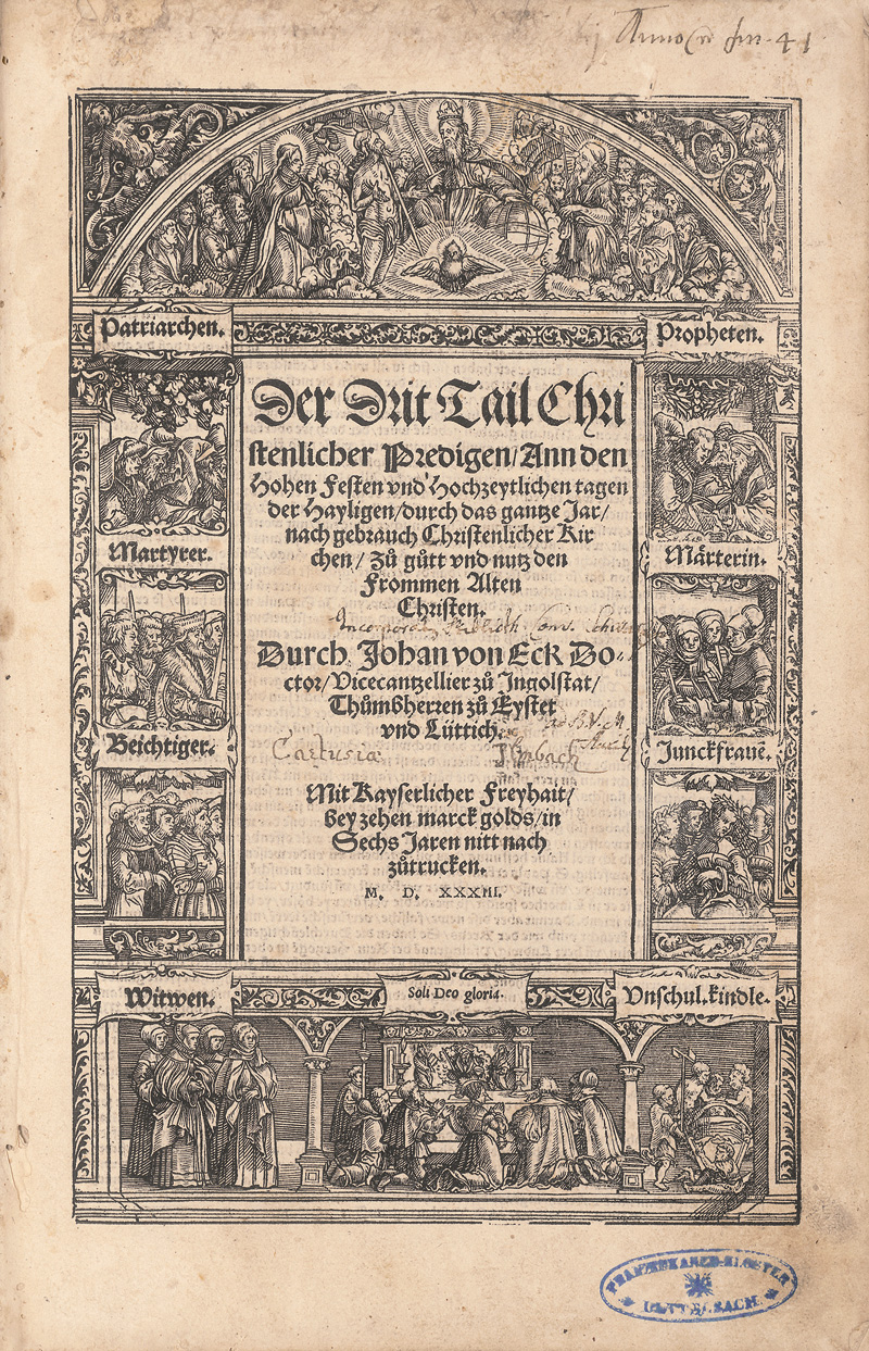 Lot 1109, Auction  127, Eck, Johannes, Der drit Tail christlicher Predigen ann den hohen Festen und hochzeytlichen tagen der hayligen