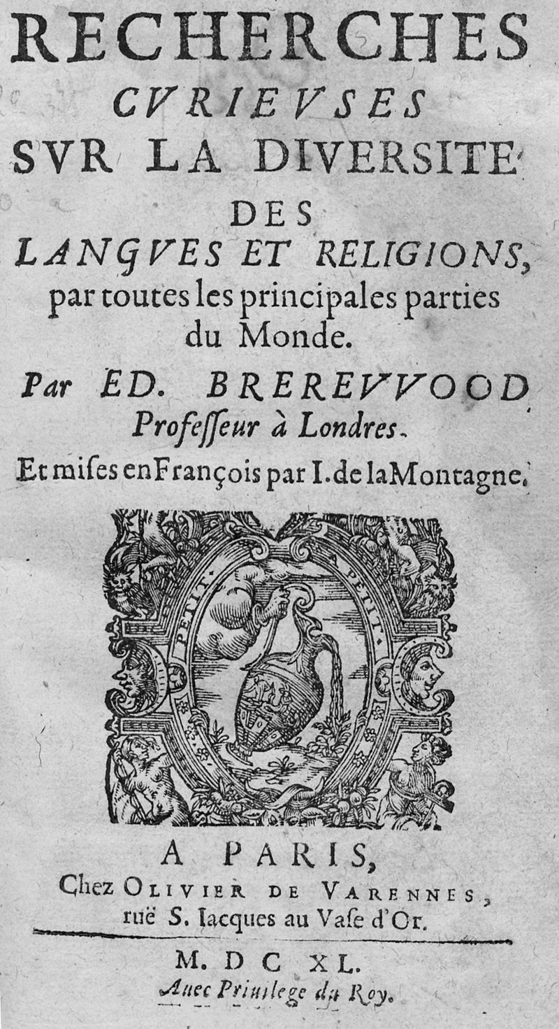 Lot 2014, Auction  127, Brerewood, Edward, Recherches curieuses sur la diversité des langues