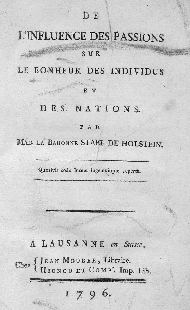 Lot 2156, Auction  127, Staël-Holstein, Anne-Louise-Germaine, De l'influence des passions sur le bonheur des Individus et des nations