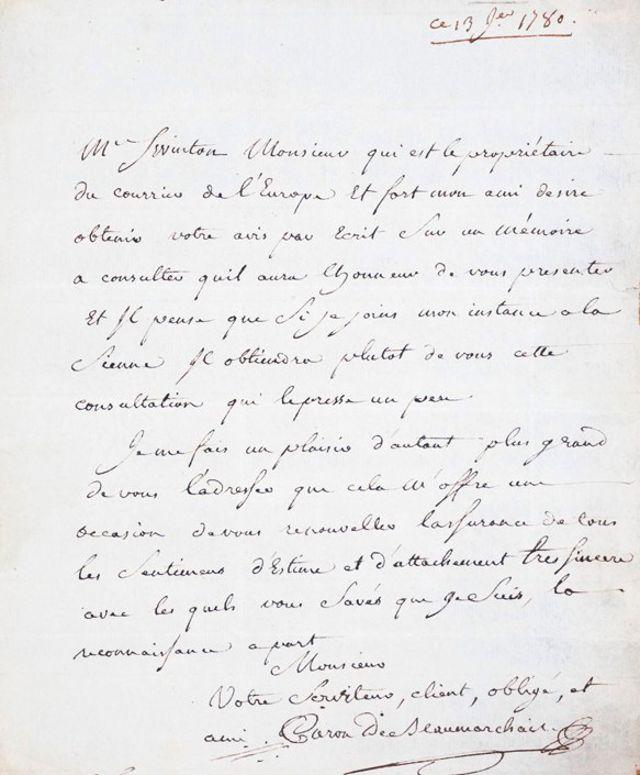 Lot 2504, Auction  127, Beaumarchais, Pierre Augustin Caron de, Brief an einen Redakteur. 1780