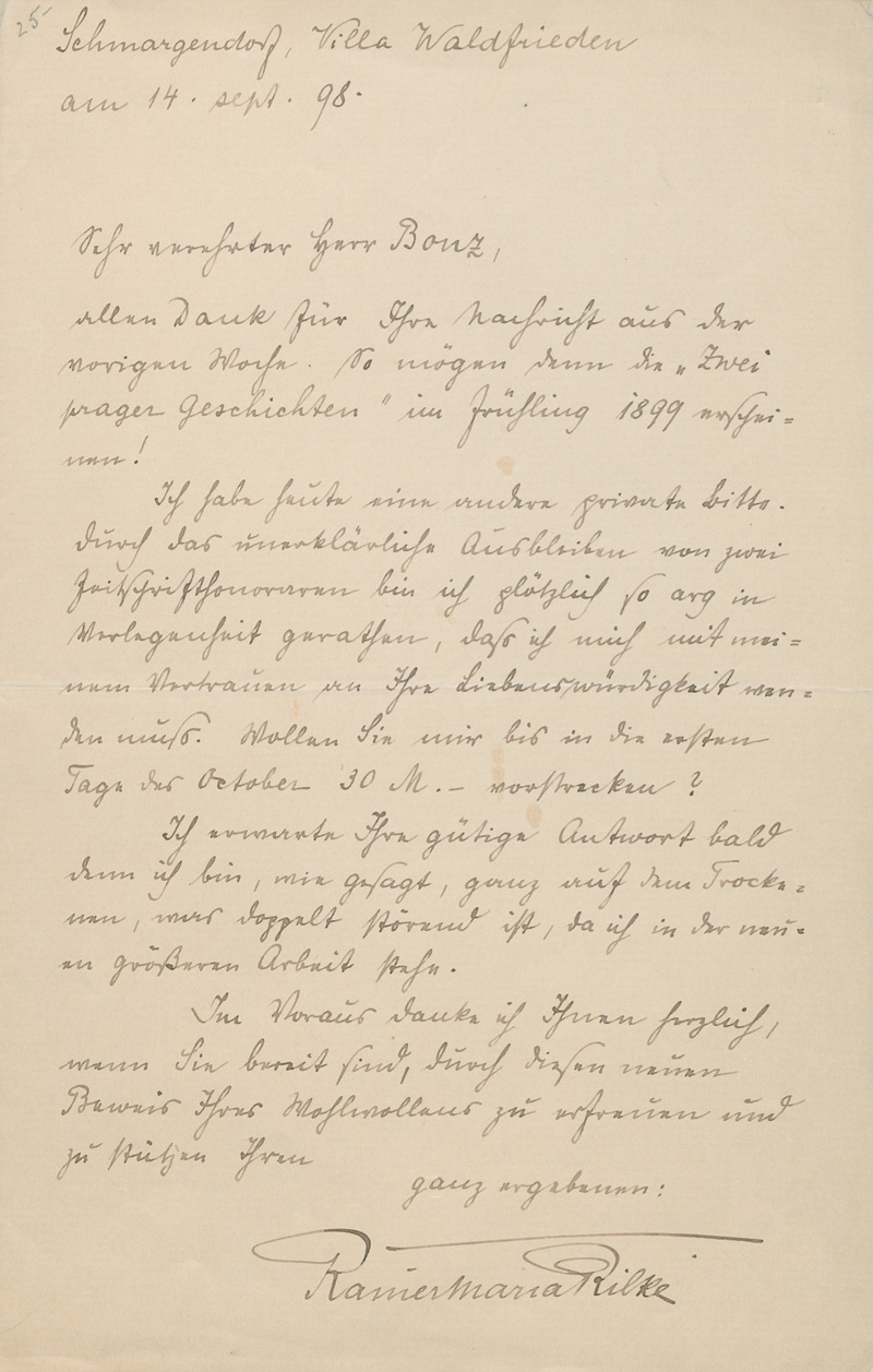 Lot 2528, Auction 127, Rilke, Rainer Maria, Brief an seinen Verleger Bonz mit der Bitte um Vorschuss. 1898