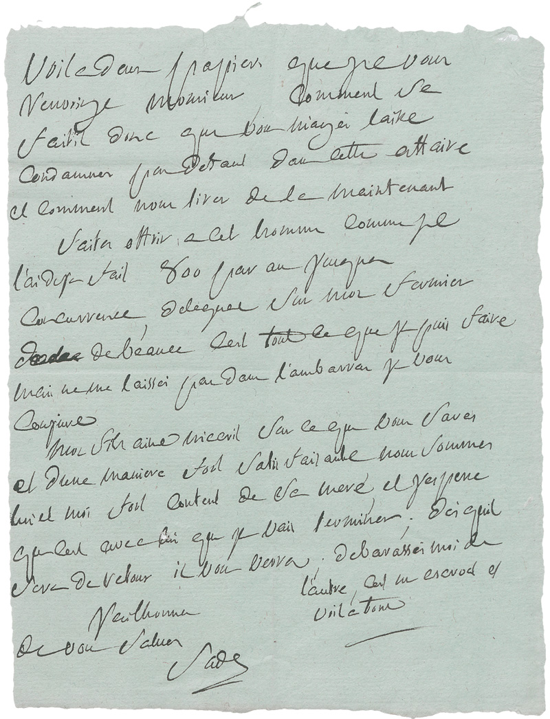 Lot 2530, Auction  127, Sade, Donation Alphonse Marquis de, Brief an einen Herrn über eine "Affaire". Wohl vor 1800