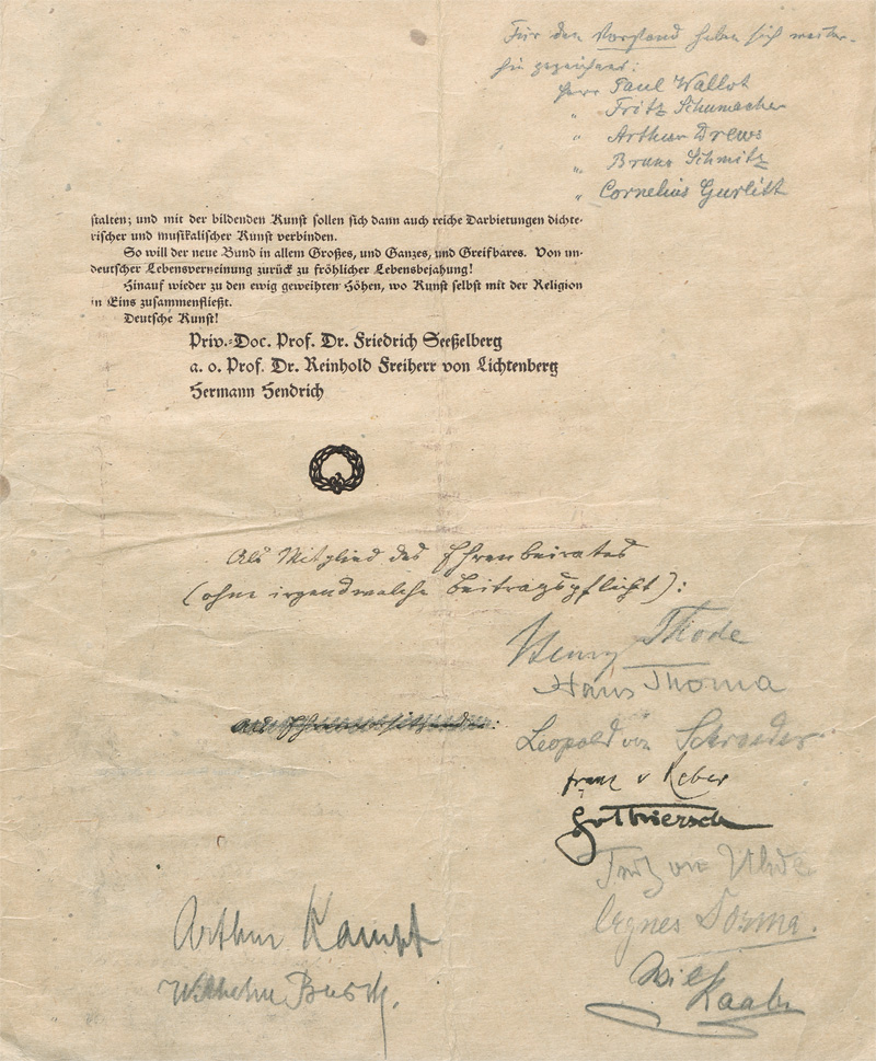 Lot 2618, Auction  127, Verdhandi-Bund. Signierte Programmschrift, Druck mit 10 Künstler-Signaturen. 1907