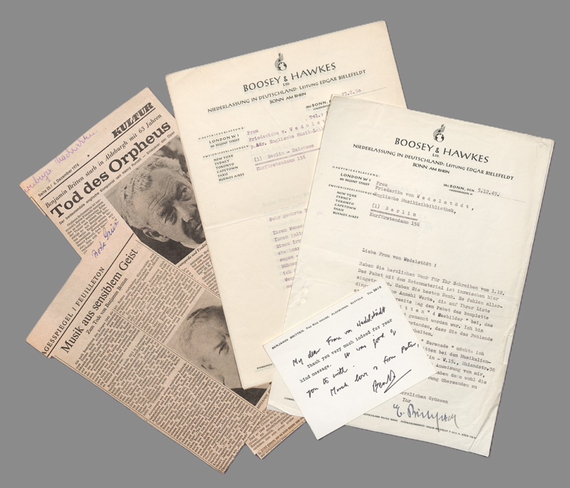 Lot 2620, Auction  127, Britten, Benjamin, Billett auf einer Karte + zahlreiche Beilagen. 1949-1979.