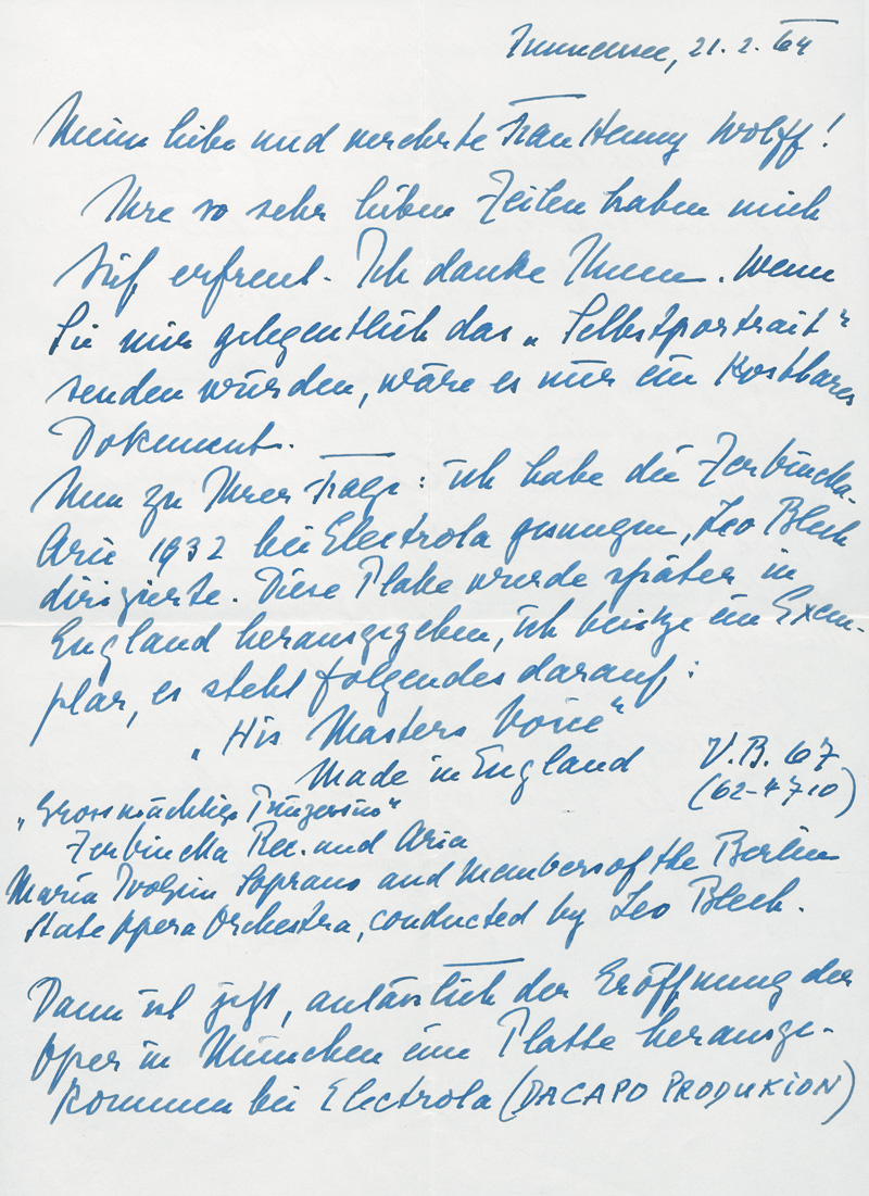 Lot 2631, Auction  127, Ivogün, Maria, Brief an die Sängerin Henny Wolff über Aufnahmen ihrer "Zerbinetta"-Arie. 1964