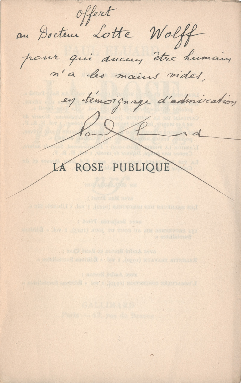 Lot 3090, Auction 127, Éluard, Paul, La Rose publique. Paris, Gallimard, 1934. - Widmungsexemplar an Charlotte Wolff